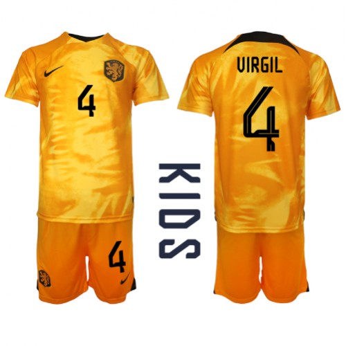 Fotbalové Dres Holandsko Virgil van Dijk #4 Dětské Domácí MS 2022 Krátký Rukáv (+ trenýrky)